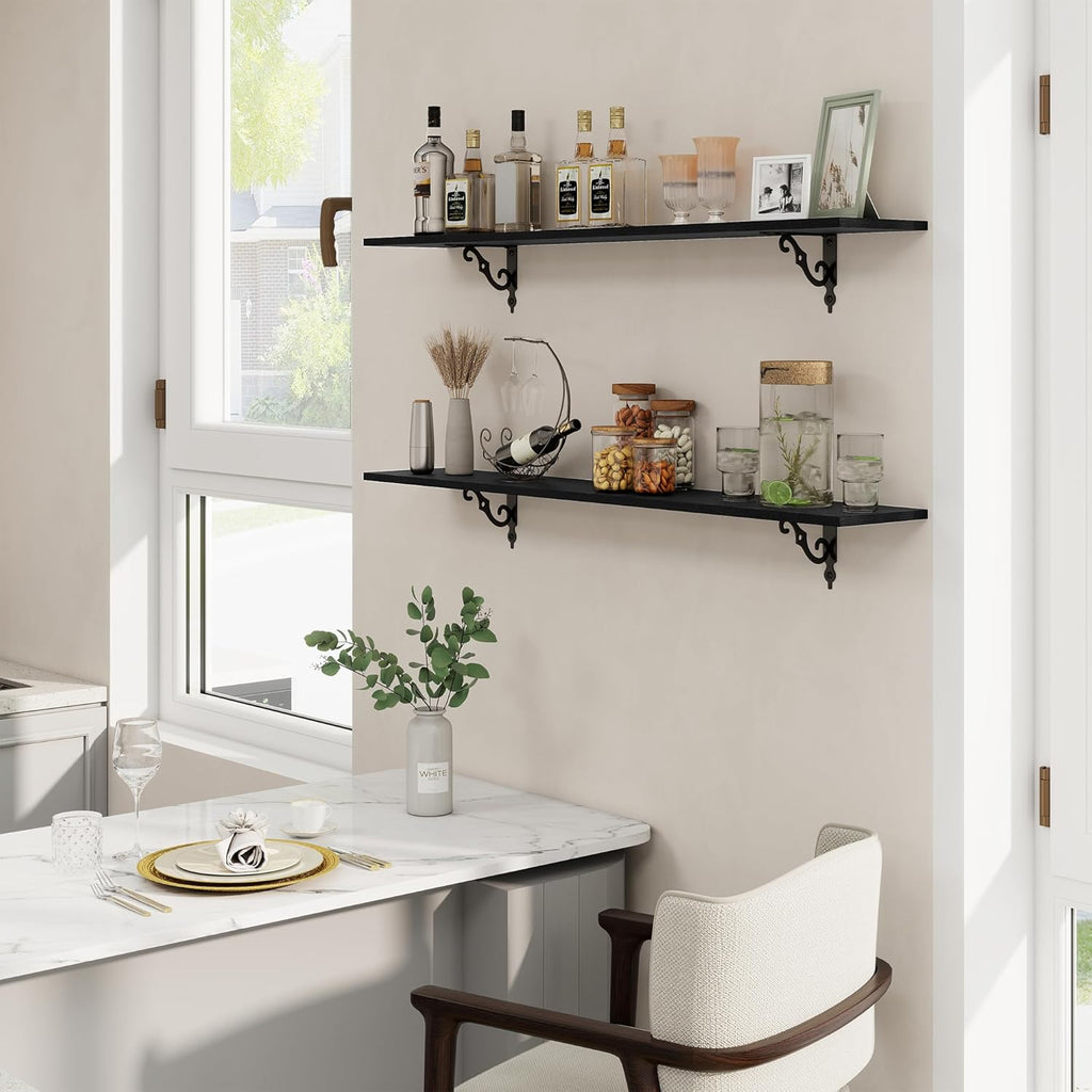 RICHFOCUS Floating Shelves for Wall Decor, 47.3W x 8D Wall Shelves Set of 2, 8 Inch Deep Rustic Wood Shelves Wall Mounted with Brackets, Long Floating Shelves for Living Room Bedroom Kitchen, Black
