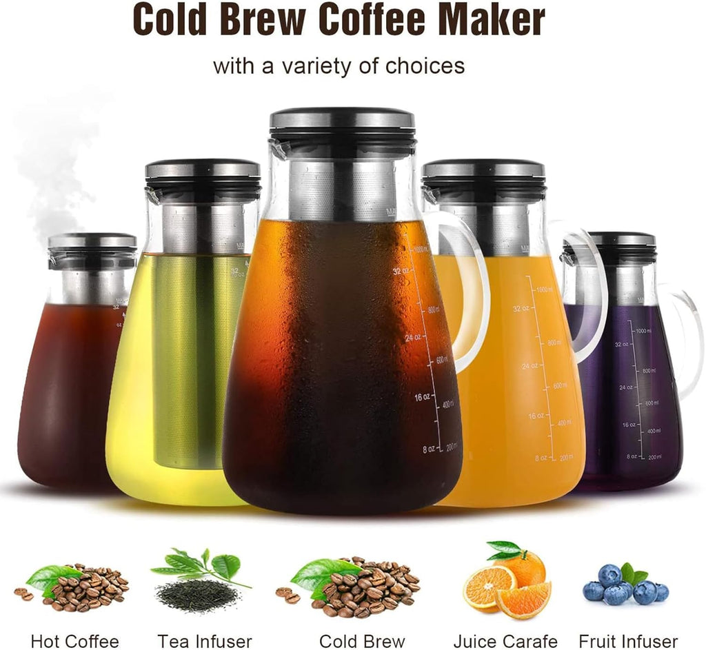 Cold Brew Iced Coffee Maker 34oz, Brewed Coffee Pot with Removable Double Mesh 304 Stainless Steel Filter, BPA-Free Cold Brew Pitcher Glass Container, Tea Maker