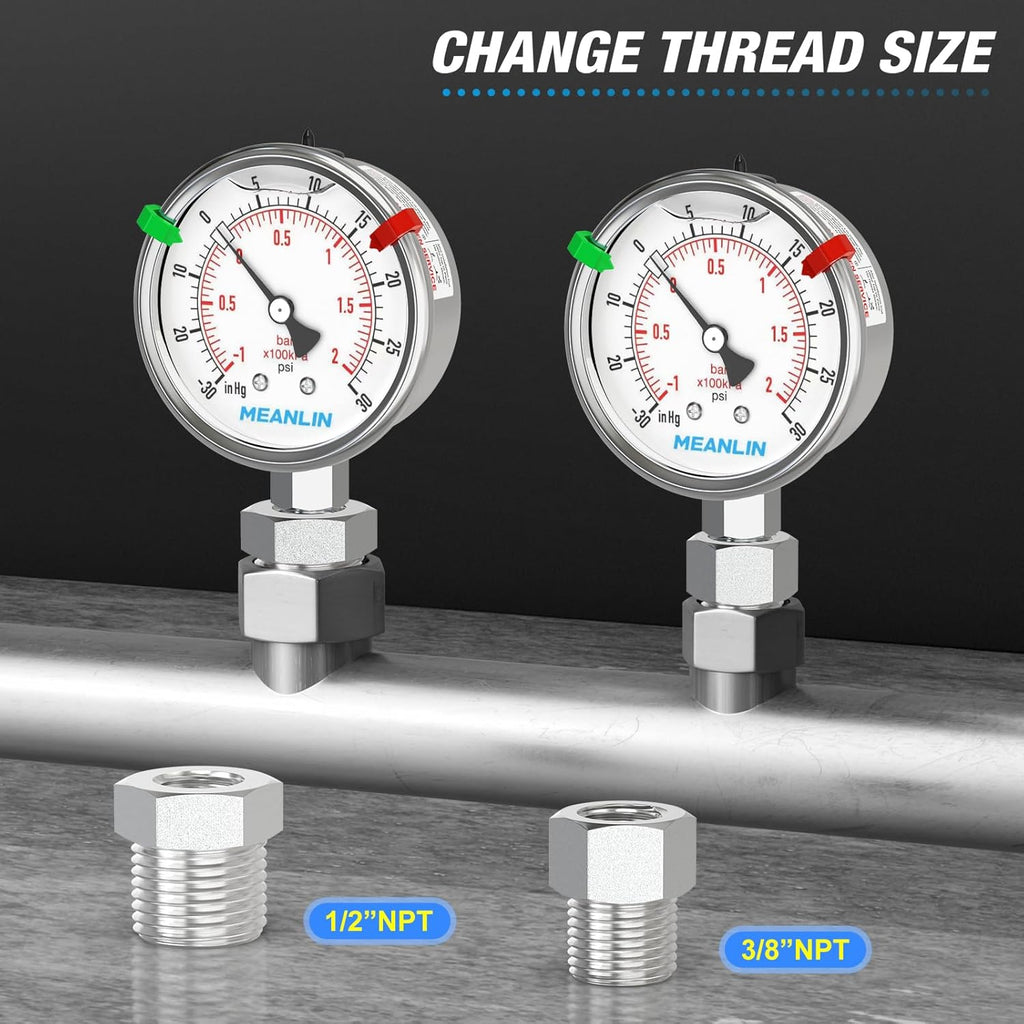 MEANLIN MEASURE -30inHG~30Psi Vacuum Pressure Gauge 316 Stainless Steel Joint 1/4"NPT 2.5"FACE DIAL, Liquid Filled Pressure Gauge WOG Water Oil Air Lower Mount with Stainless Steel Hex Bushing, Snaps