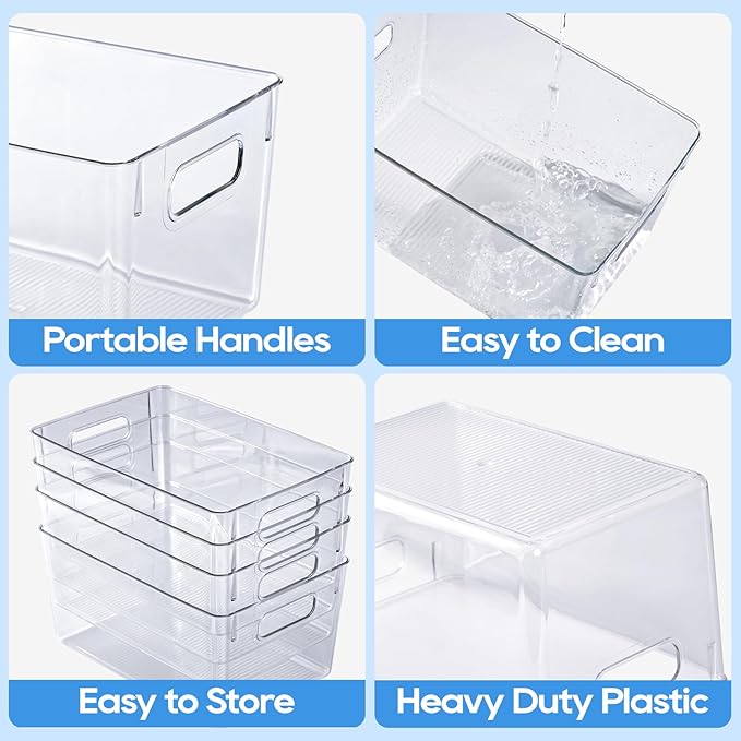 JollyPack 4 Pack Clear Plastic Storage Bins, Pantry Organizers and Storage with Handles, Clear Storage Containers for Fridge, Kitchen, Cabinet, Bathroom and Office
