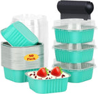 LNYZQUS 10oz/80pack Foil Mini Cake Tins with Lids 4”X4” Small Cake Baking Pans Cupcake Containers,Disposable Ramekins Mini Aluminum Brownie Pan Large Muffin Cups Holders-Cyan Blue