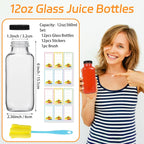 12 Pack 12oz Glass Drink Bottles with Lids, 360ml Vintage Glass Water Bottles with Caps, Reusable Juice Containers Drinking Jars for Juicing, Milk, Ginger, Kombucha, Beverages