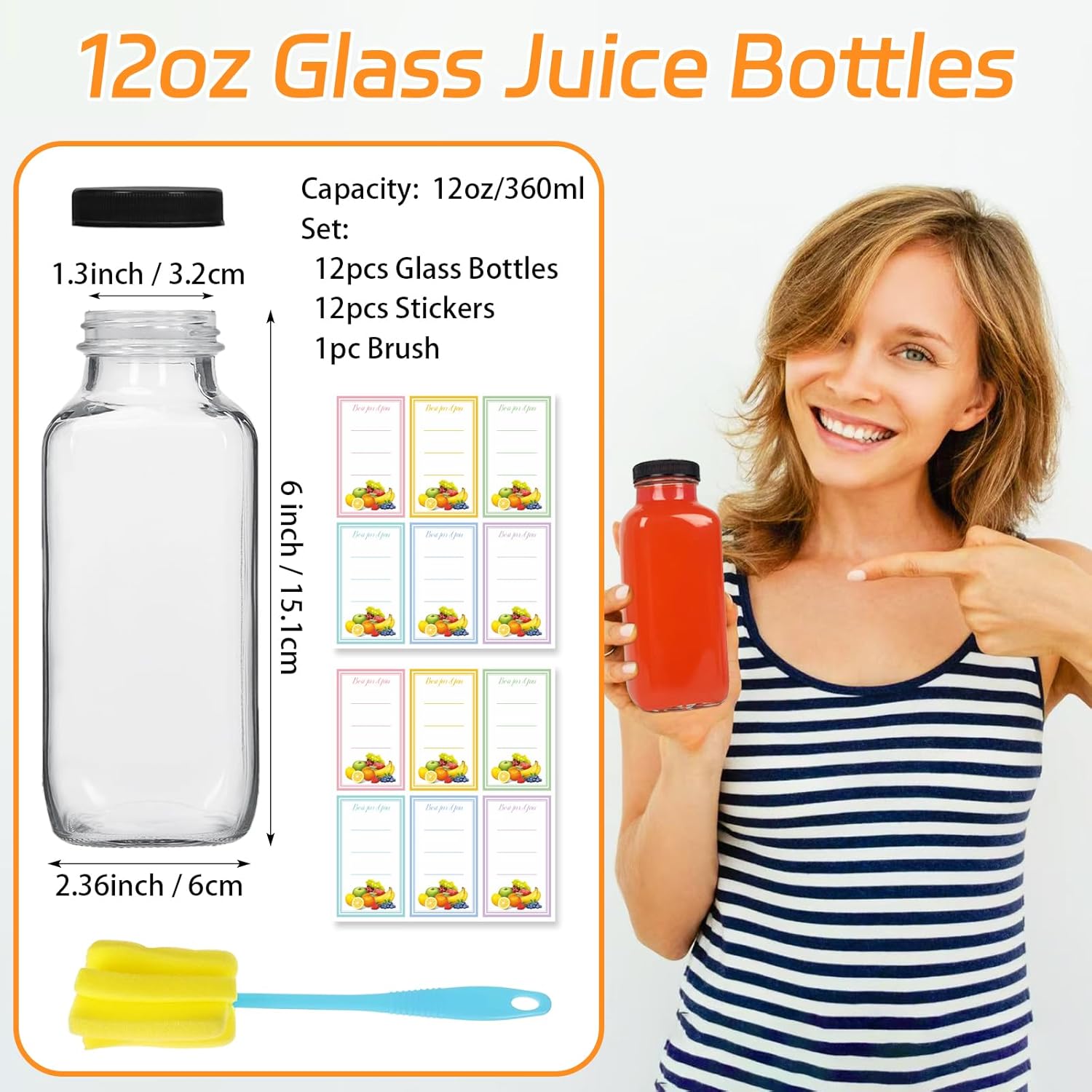 12 Pack 12oz Glass Drink Bottles with Lids, 360ml Vintage Glass Water Bottles with Caps, Reusable Juice Containers Drinking Jars for Juicing, Milk, Ginger, Kombucha, Beverages
