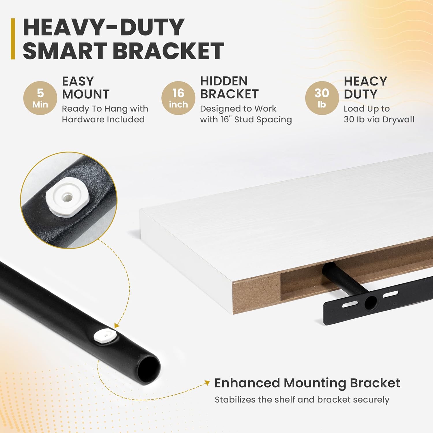 16 Inch Floating Shelves, 9.3" Deep Floating Shelf Wall Mounted, 16" Wall Shelves, Rustic Deep Bookshelf, Large Display Shelves & Storage Shelves for Bedroom, Living Room, White, Set of 2