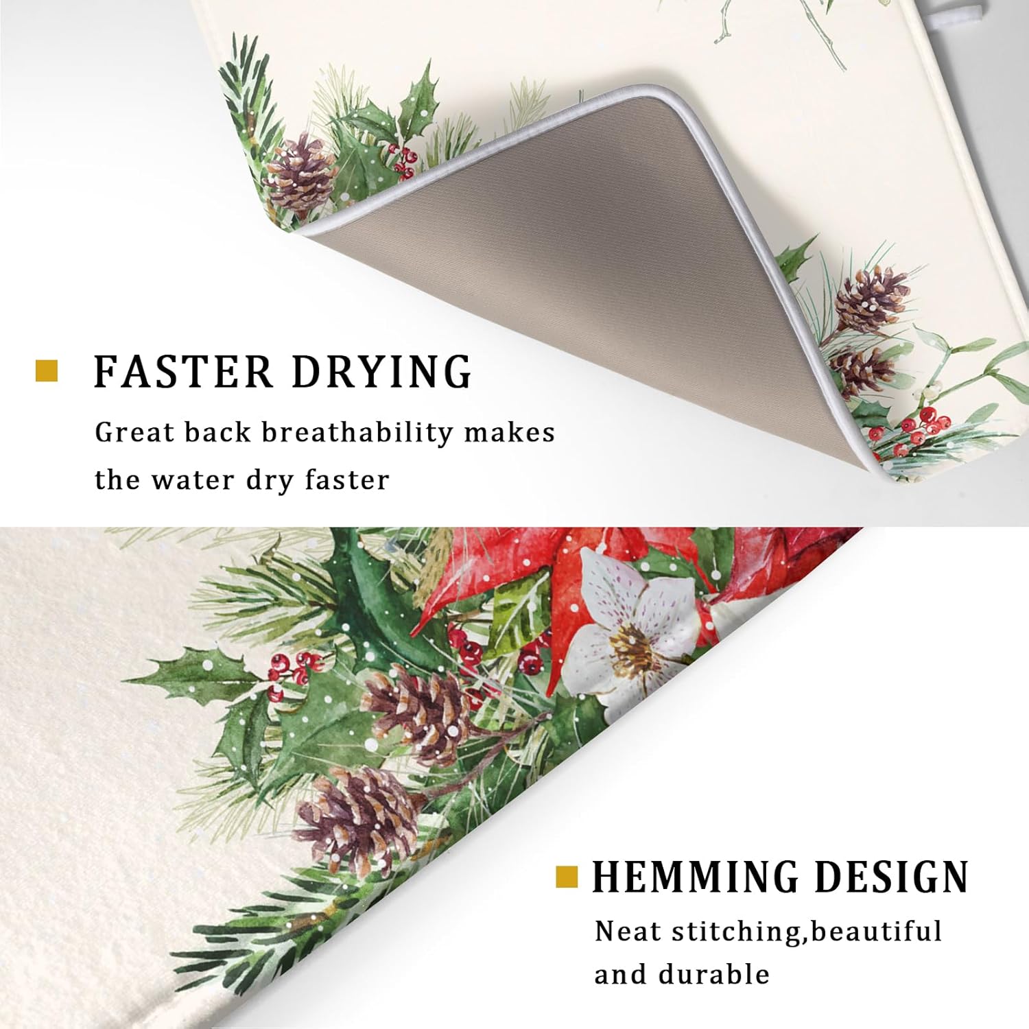 Giwawa Poinsettia Dish Drying Mat for Countertop 18"x24" Christmas Red Floral Winter Holly Berries Dish Drainer Mats Absorbent Microfiber Dish Drying Pad Protector for Kitchen Home Decor Large