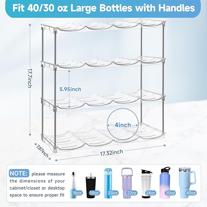 Larger Water Bottle Organizer for Stanley 40 oz Tumbler, Stackable Water Bottle Holder Rack for Cabinet, Kitchen Storage Organizer for for Stanley Cup Accessories, Tumbler Storage Holder，4 Pack