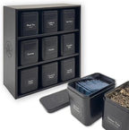 AllSpice Tea Organizer Rack with 9 Tins & 160 Magnetic Labels – Perfect for Bagged & Loose Leaf Tea Organization - Black