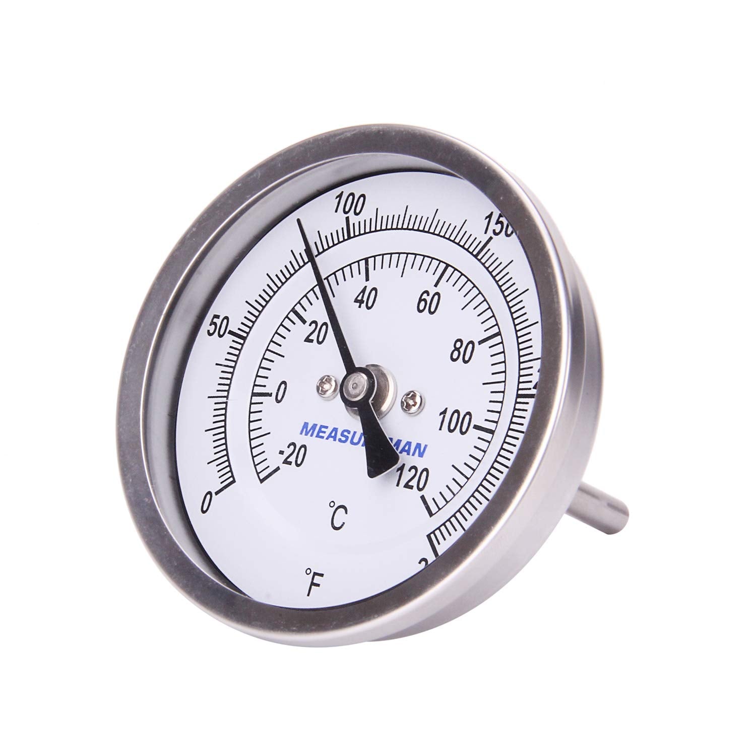 MEASUREMAN Fully Stainless Steel Pot, Kettle, Brewing Bimetal Thermometer, 3" Dial, 2-1/2" Stem, 0-250 deg F/-20-120 deg C, -1% Accuracy, Adjustable, 1/2" NPT Back Mount