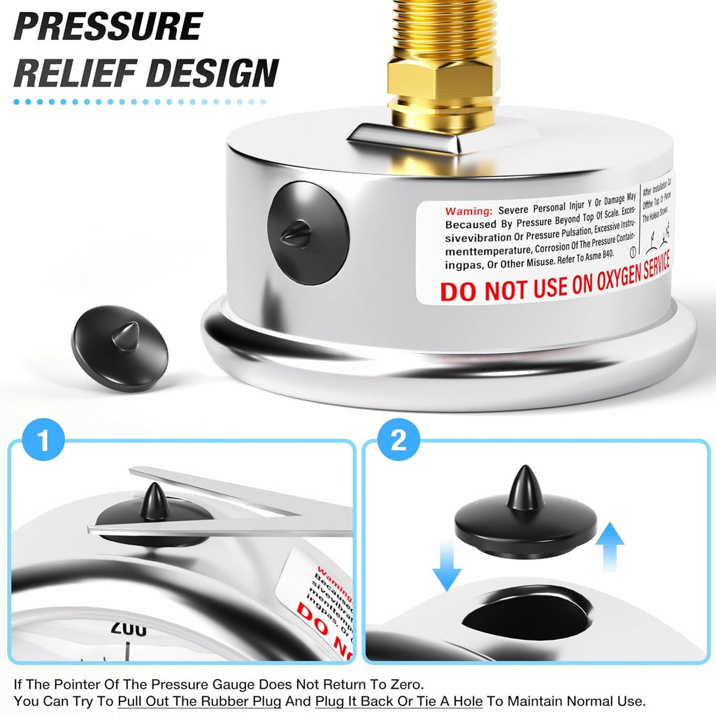 MEANLIN MEASURE 0~400Psi Stainless Steel 1/4" NPT 2.5" FACE DIAL Liquid Filled Pressure Gauge WOG Water Oil Air Center Back Mount, with 1/4" x 1/2" NPT and 1/4" x 3/8" NPT Hex Bushing