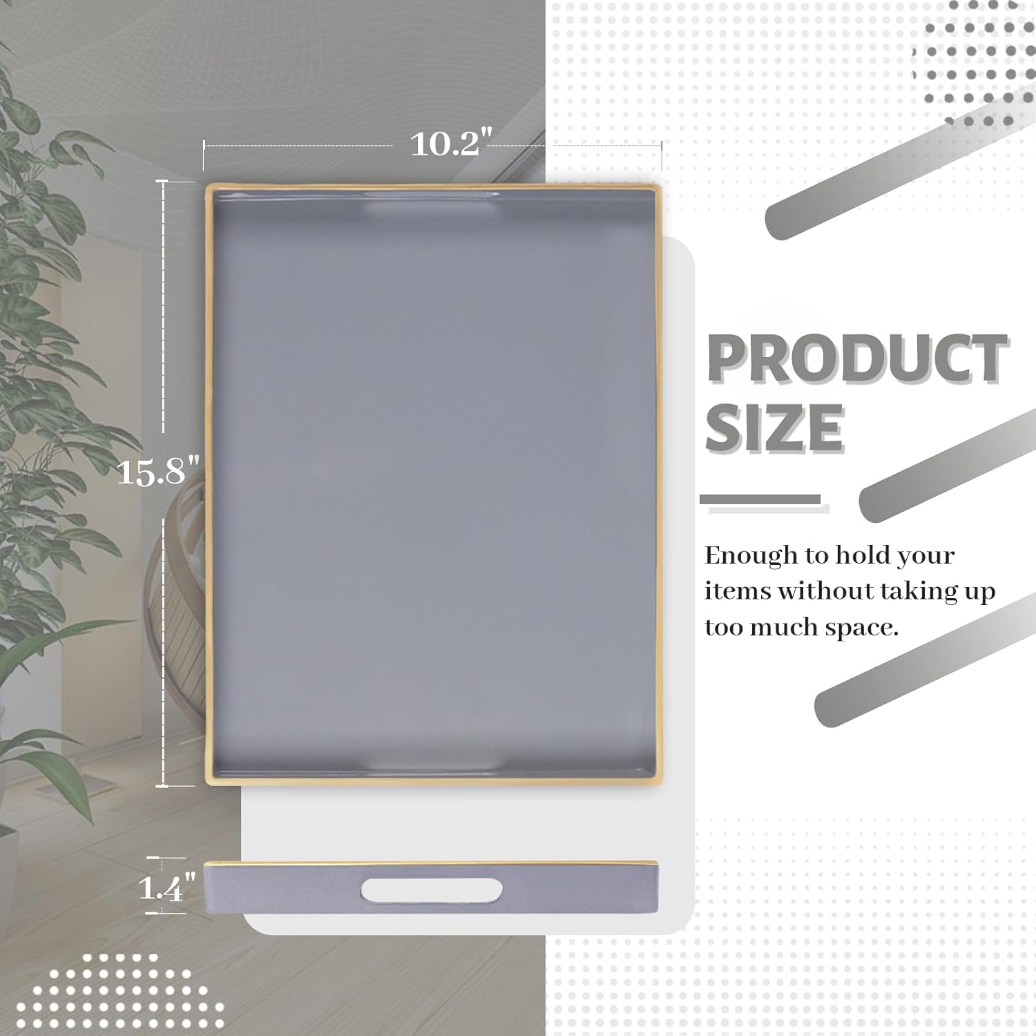 MAONAME Gray Serving Tray with Handles, Modern Grey Decorative Tray for Coffee Table, Plastic Rectangular Gray Trays for Ottoman, Bathroom, Decor, 15.8” x 10.2” x1.4