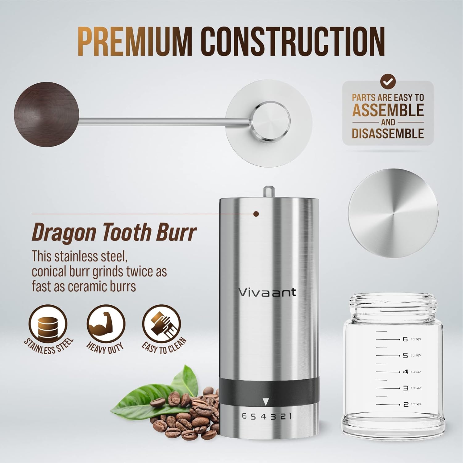 Manual Coffee Grinder, Hand Coffee Grinder with Adjustable Dragon Tooth Stainless Steel Conical Burr, No-Power, Manual Coffee Grinder for Drip Coffee, Espresso, French Press, and More!