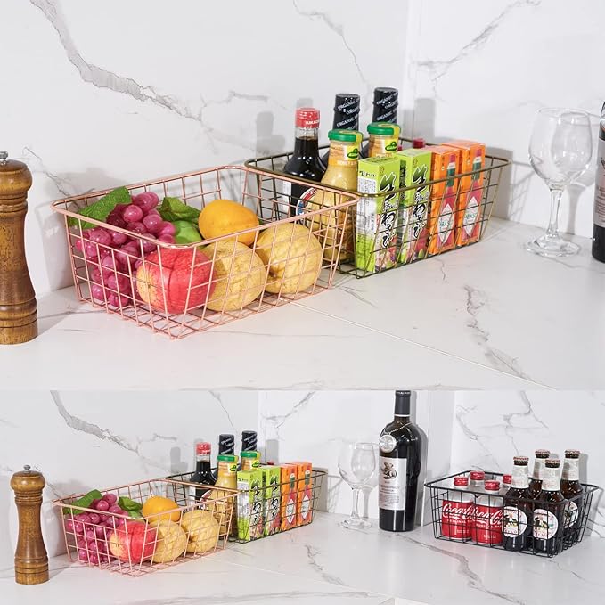 Wire Kitchen Storage Basket 4 Packs,Perfect Pantry Organization Accessories Baskets,Laundry Basket,Countertop Organization,Suitable for Kitchen,Bathroom,Bedroom,Tabletop,Rose gold