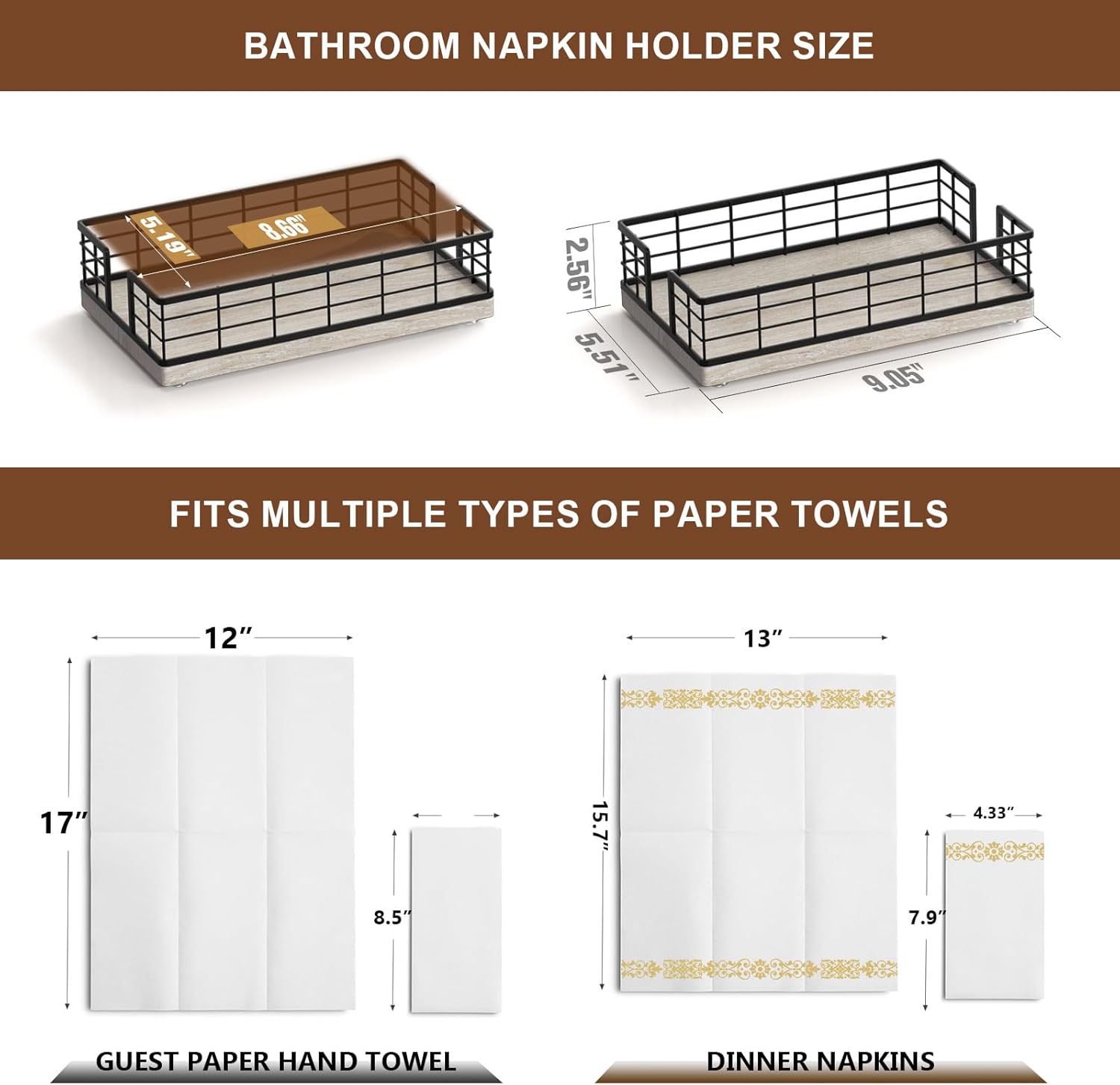 Wican Guest Towel Holder Tray for Bathroom, Ash and Iron Napkins Holder for Powder Room Dinning Table Wooden Basket for Disposable Paper Hand Towels Black and Ash Whitewashed