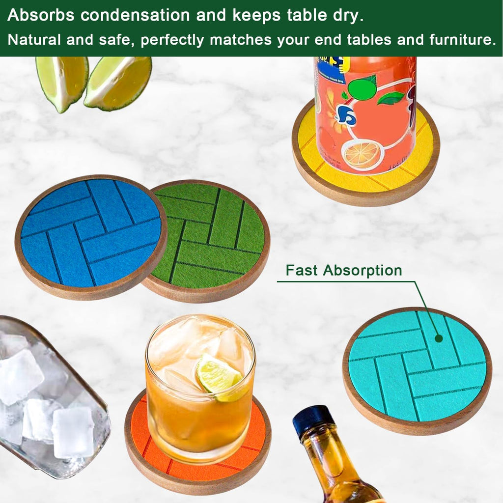 Coasters for Drinks Absorbent 5 Pack, Wood Coasters with Felt Pads, Drink Coasters for Coffee Tabletop Protection, Non-Slip, Non-Stick, Suit for Kinds of Cups 4.3 inch (Colorful Series)