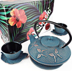 7PC Japanese Tea Set. "Blue Butterfly" Cast Iron Tea Pot with 2 Tea Cups, 2 Saucers, Tea Infuser and Teapot Trivet. Ceremonial Matcha Accessories