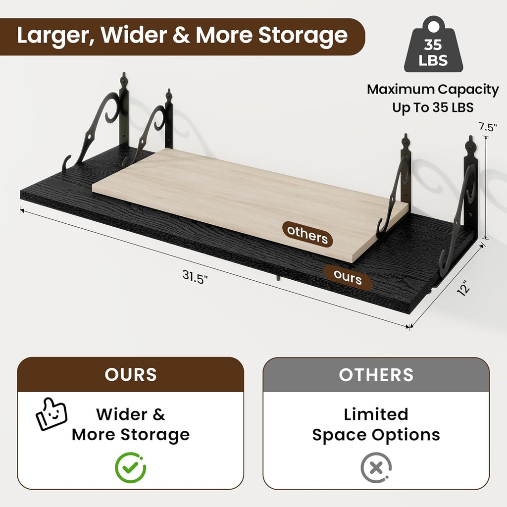 RICHFOCUS 12 Inch Deep Floating Shelves for Wall, 31.5" W x 12" D Black Wood Wall Shelves Set of 2, Wide Floating Shelves for Living Room, Bedroom, Kitchen, Bathroom and Decor Storage, Black