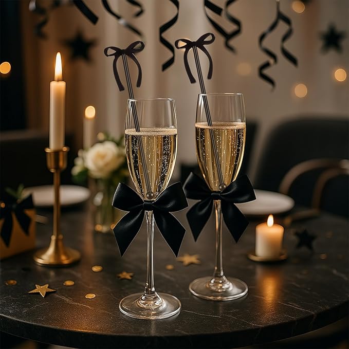 30 Pcs 6 Inch Bow Drink Stirrers, Bow Stir Sticks Coffee Stirrers Reusable Plastic Swizzle Sticks for Wedding Birthday Bridal Cocktail Decorations Supplies(Black)