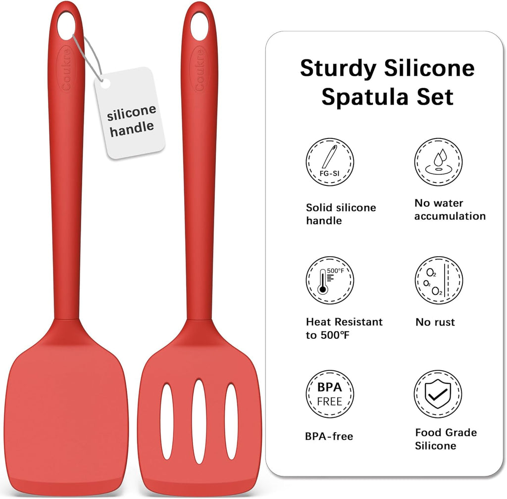 Coukre 2 Pack Silicone Spatula Set, High Heat Resistant, BPA Free Kitchen Spatula, Solid & Slotted Turner for Non-Stick Pans, Sautéing, and Flipping (2, PureRed)