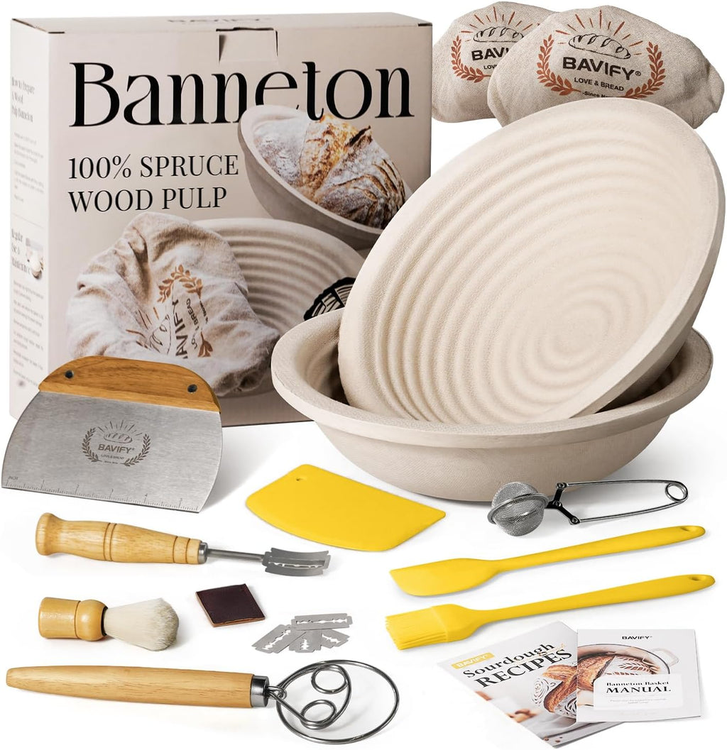 Wood Pulp Banneton Bread Proofing Basket Set, 9" 2.2LB Round Sourdough Banneton Basket Kit, Sourdough Bread Making Tool Baking Supplies with Proofing Bowl, Cover, Dough Whisk, Lame, Scraper