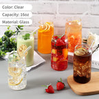 Glass Cups with Straw 6 Set, 16oz Beer Glasses, Glass Coffee Cups, Iced Coffee Glasses, Glass Tumbler for Whiskey, Soda, Tea (6 PACK)