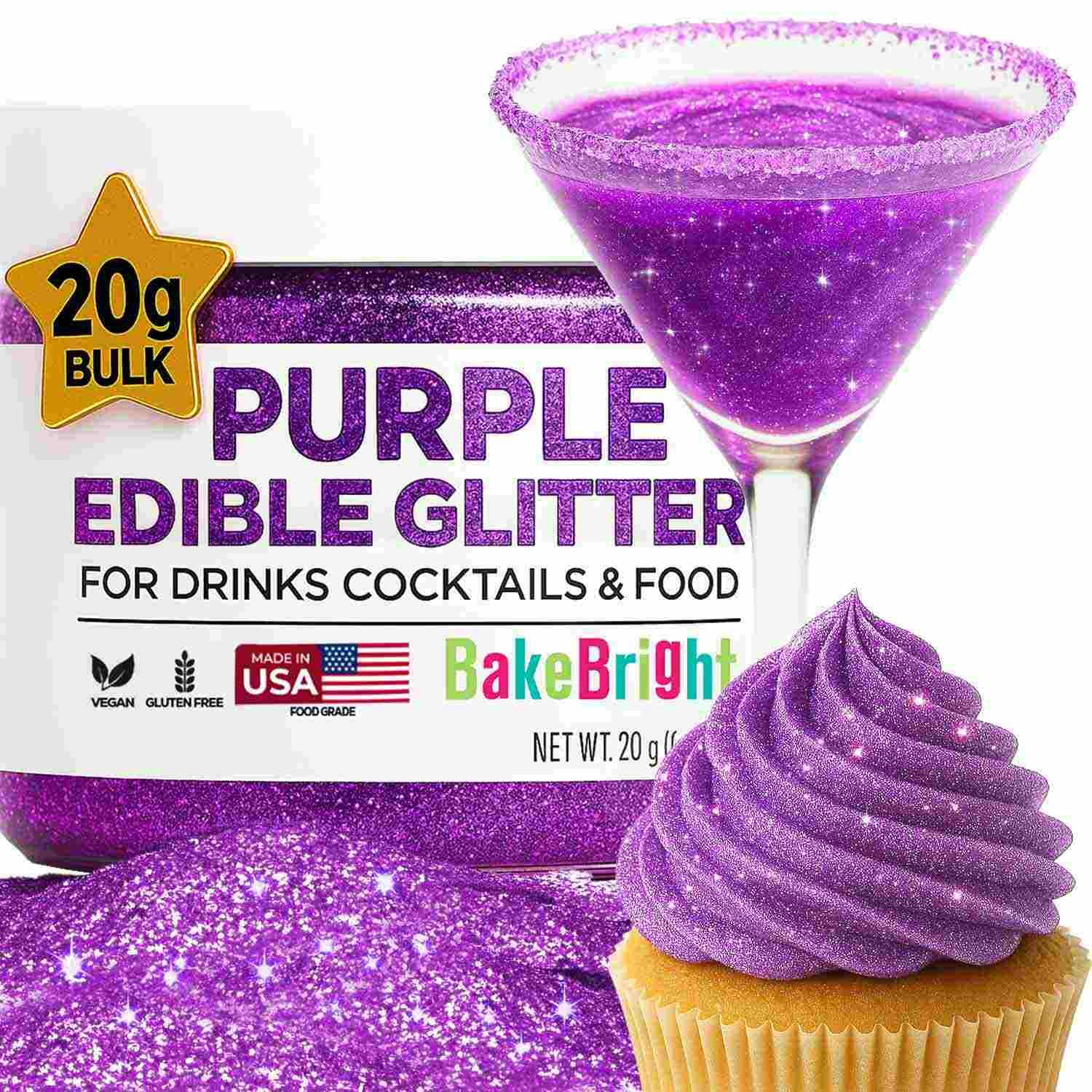 Bulk 20g Purple Edible Glitter for Drinks | Premium Edible Glitter for Cakes, Cocktails, Purple Cake Decorating Decorations Food Grade, Vegan, Kosher, Halal, Gluten Free - Made in USA