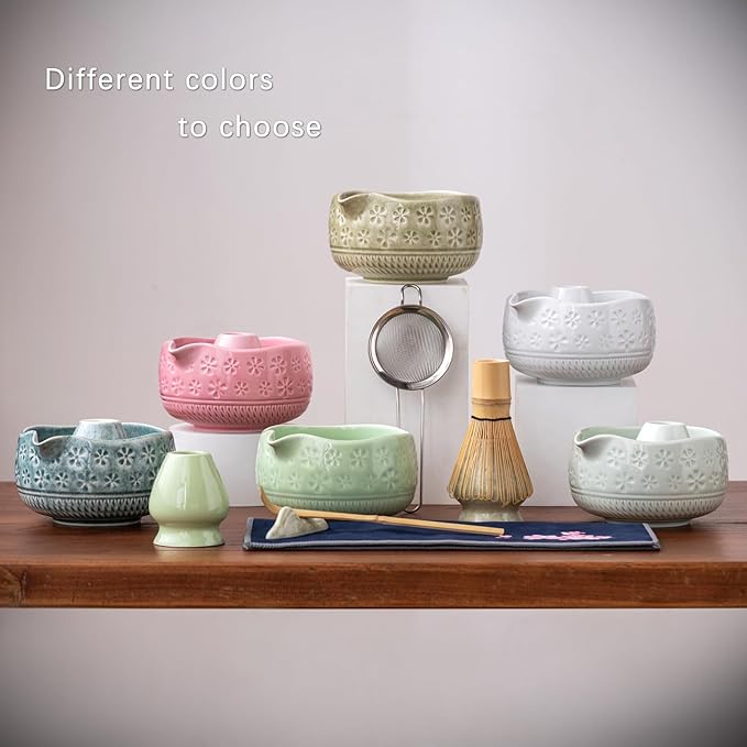 Matcha Whisk Set, Ceramic Matcha Kit Includes Matcha Bowl, Matcha Whisk and Holder, Bamboo Scoop, Scoop Rest, Sifter and Tea Towel - 7 Pcs Matcha Kit for Matcha Lovers (Blue)