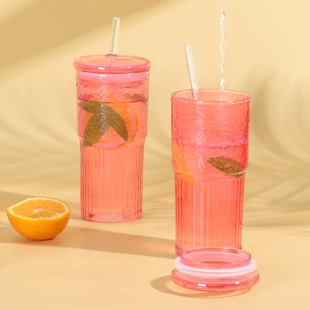 20 OZ Glass Cup with Lids and Glass Straws, High Borosilicate Iced Coffee Glass Tumblers with Lid and Straw for Drinks, 2pcs Reusable Wide Mouth Smoothie Cup(Red)