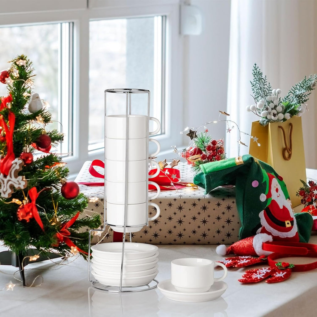 Sweejar Ceramic Espresso Cups Set of 6, Espresso Cup Stackable, 4 Oz Stackable Cappuccino Cups with Saucers and Metal Stand for Coffee Drinks, Americano, Latte, Tea (White)