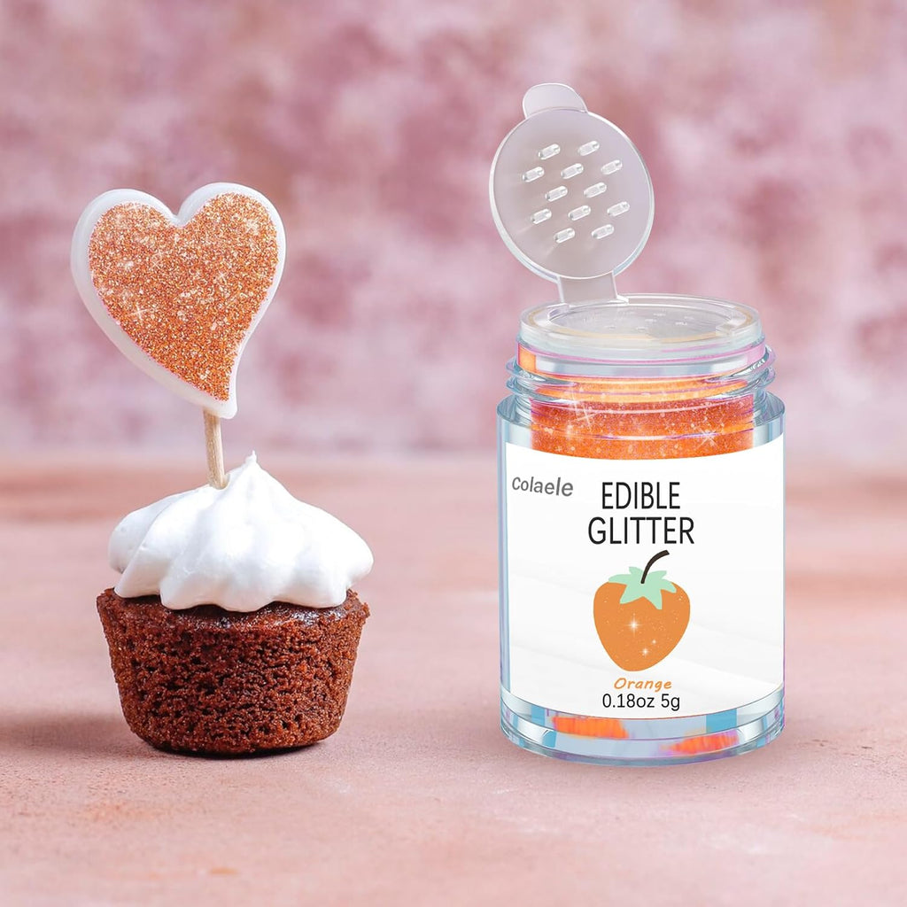 Orange Edible Glitter Glimmer Powder for Cakes Drinks - Colaele 5 grams Food Grade Luster Dust Metallic Food Decorating Sprinkle Disco Brew Dust for Cake Decorations Wine Beverage Candy Dessert, Vegan