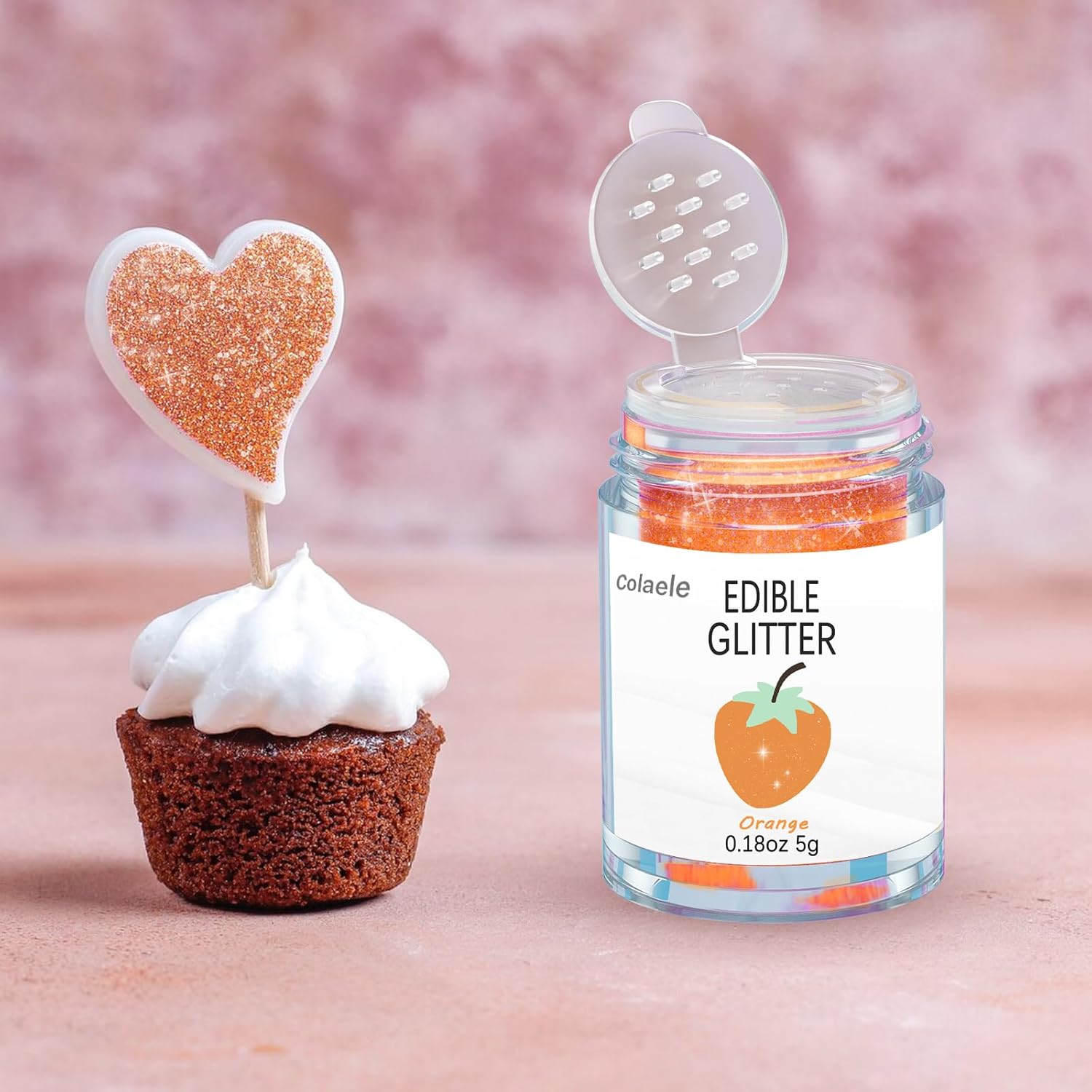 Orange Edible Glitter Glimmer Powder for Cakes Drinks - Colaele 5 grams Food Grade Luster Dust Metallic Food Decorating Sprinkle Disco Brew Dust for Cake Decorations Wine Beverage Candy Dessert, Vegan