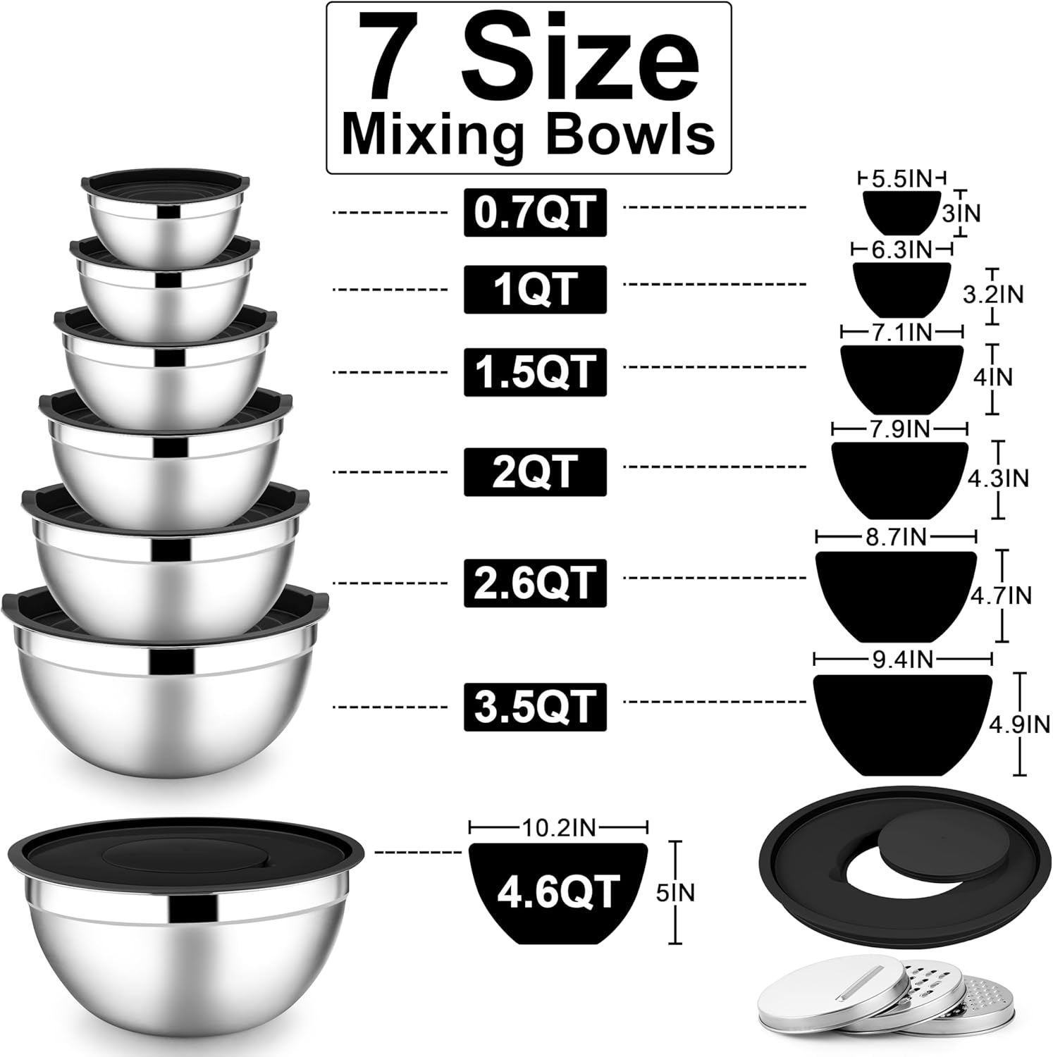 E-far Mixing Bowls with Lids Set, 7-Piece Stainless Steel Metal Mixing Bowls with 3 Grater Attachments, Size 4.6, 3.5, 2.6, 2, 1.5, 1, 0.7QT, Nesting Design & Black Airtight Lids, For Baking/Cooking