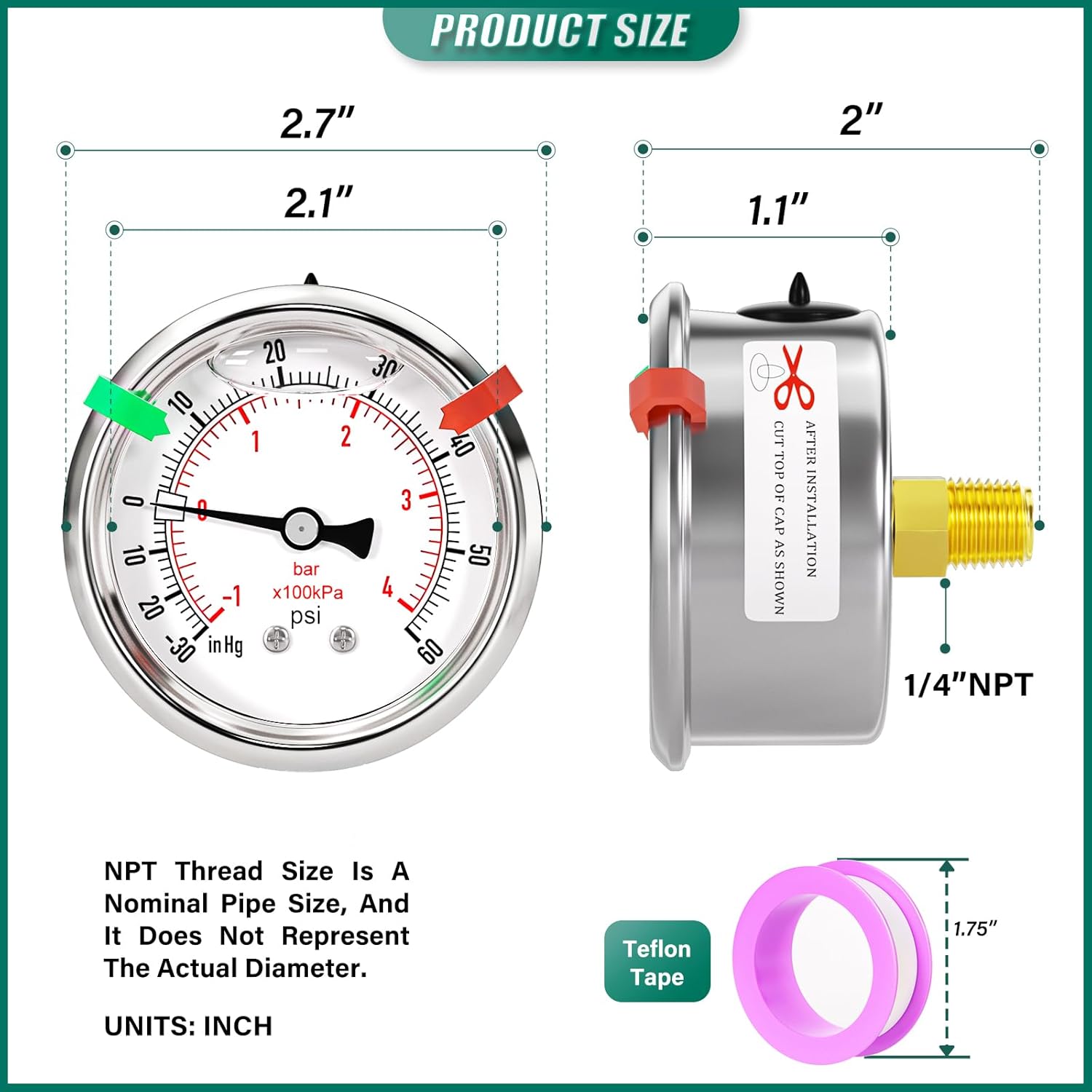 -30inHG-60PSI Stainless Steel Glycerin Liquid Filled Vacuum Pressure Gauge 2.5" Dial Size, 1/4" NPT Back Mount, for Water, Oil and Air Pressure Testing (with Range Mark Pointer)