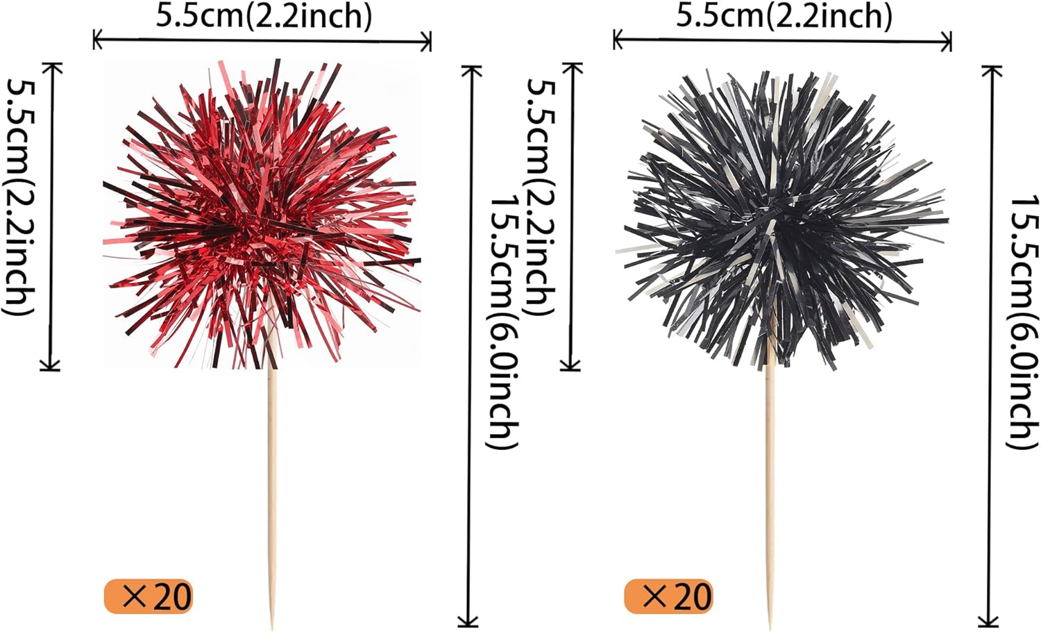 40 PCS Foil Firework Cupcake Toppers Sparkle Tinsel Cupcake Picks Fireworks Birthday Party Decorations Cocktail Fruit Toothpick for Birthday Wedding Graduation Party Decorations Supplies Black Red