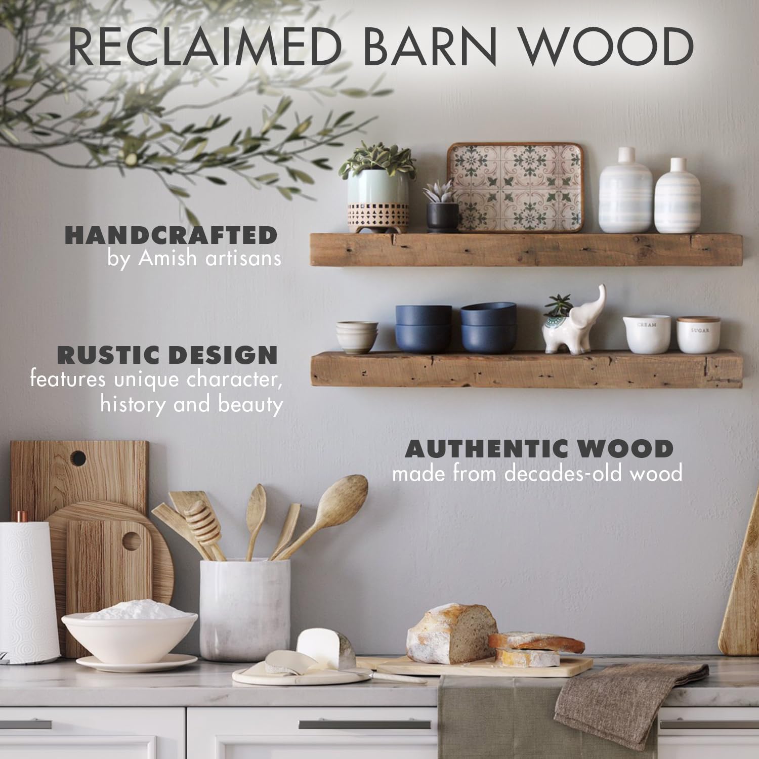 Urban Legacy Reclaimed Barnwood Planks | Floating Shelves for Wall w/Flush Mount Shelf Bracket Set Included | Set of 2 (Natural, 24"x7"x2")