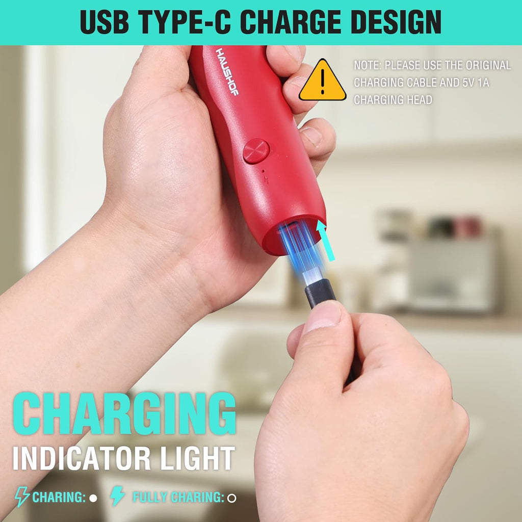 HAUSHOF Powerful Rechargeable Milk Frother Wand with Stand, Handheld Electric Foam Maker, Drink Mixer with Detachable Stainless Steel Whisk for Coffee Latte, Cappuccino, Matcha, Red