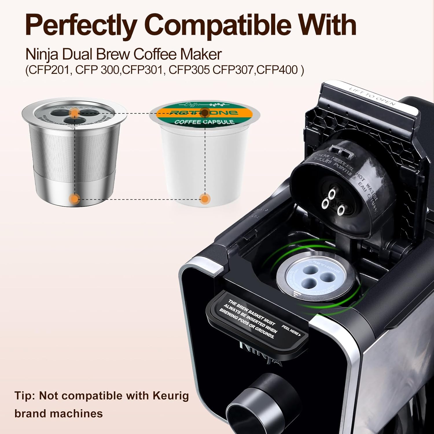 RETHONE Reusable K Cup Reusable Coffee Pods Compatible with Ninja Coffee Maker, Stainless Steel Reusable Coffee Filters for Ninja CFP201 CFP300 CFP301 CFP305 CFP307 CFP400 Dual Brew Pro (1 Pack)