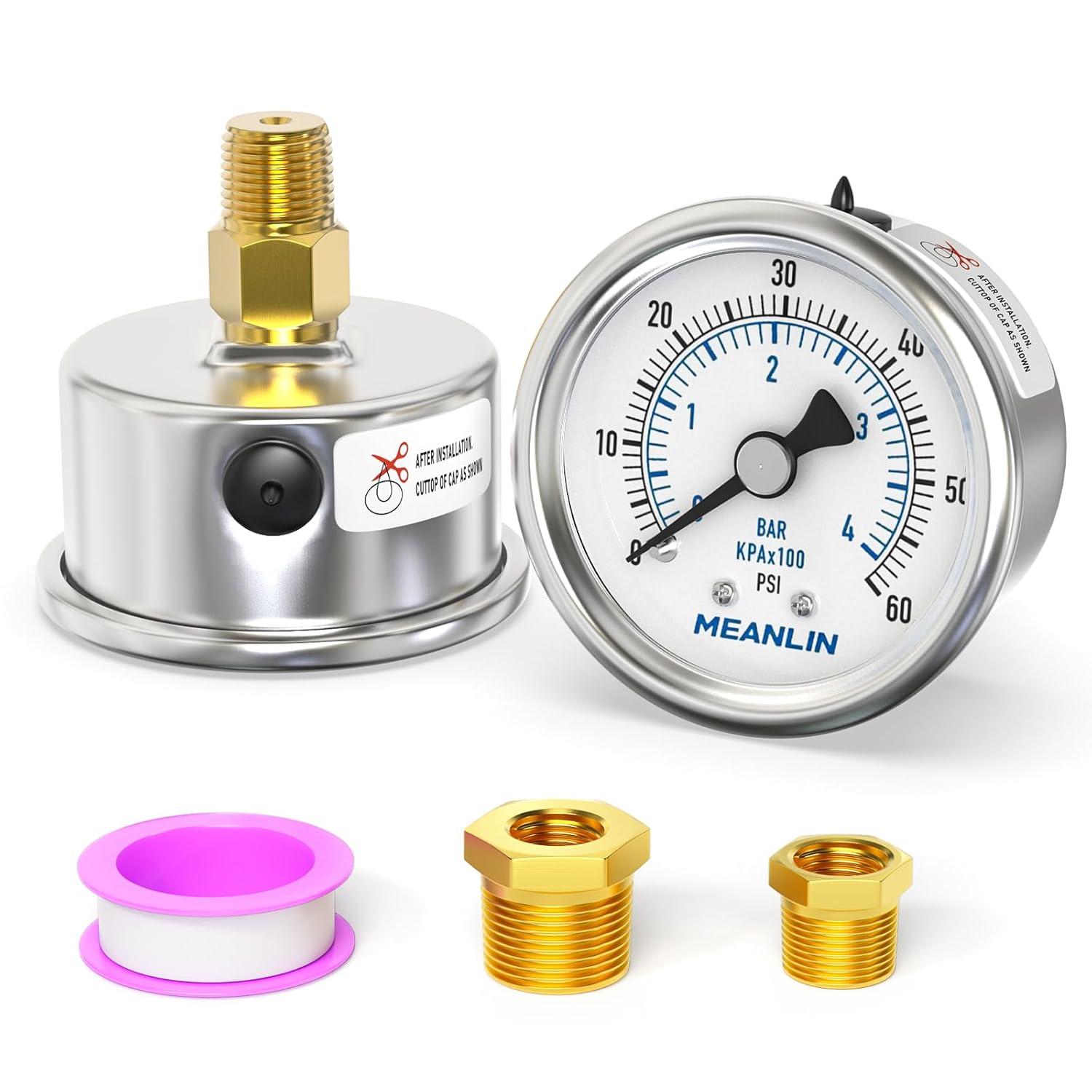 MEANLIN MEASURE 0~60Psi Dry Pressure Gauge Stainless Steel 1/4"NPT 2"FACE DIAL Waterproof for Pool Filter Pump Water Air Compressor Tire Pressure Tester Back Mount with 1/2"NPT and 3/8"NPT Hex Bushing