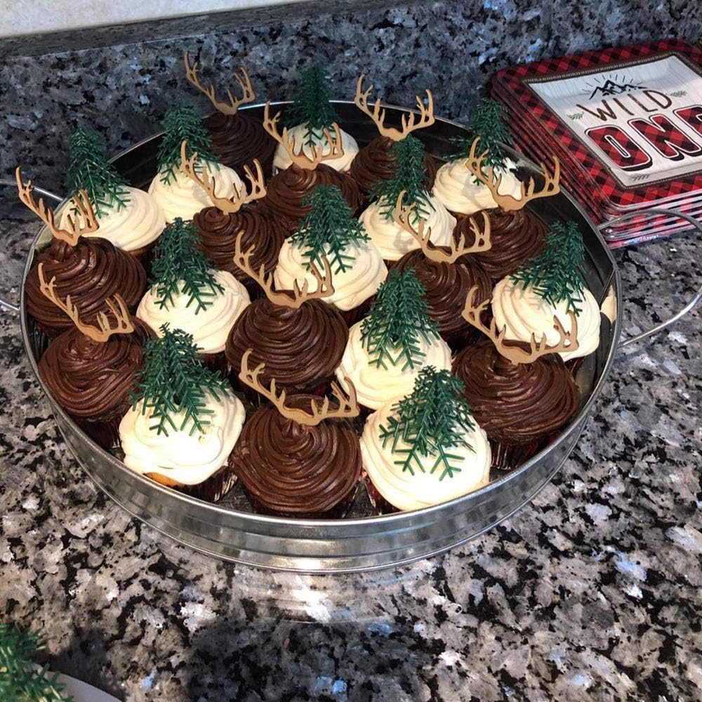 Deer Cupcake Toppers Wooden Baby Shower Woodland Antler Cake Picks Party Decorations Wedding Hunting Boho Rustic Country Birthday Party Supplies Set of 24