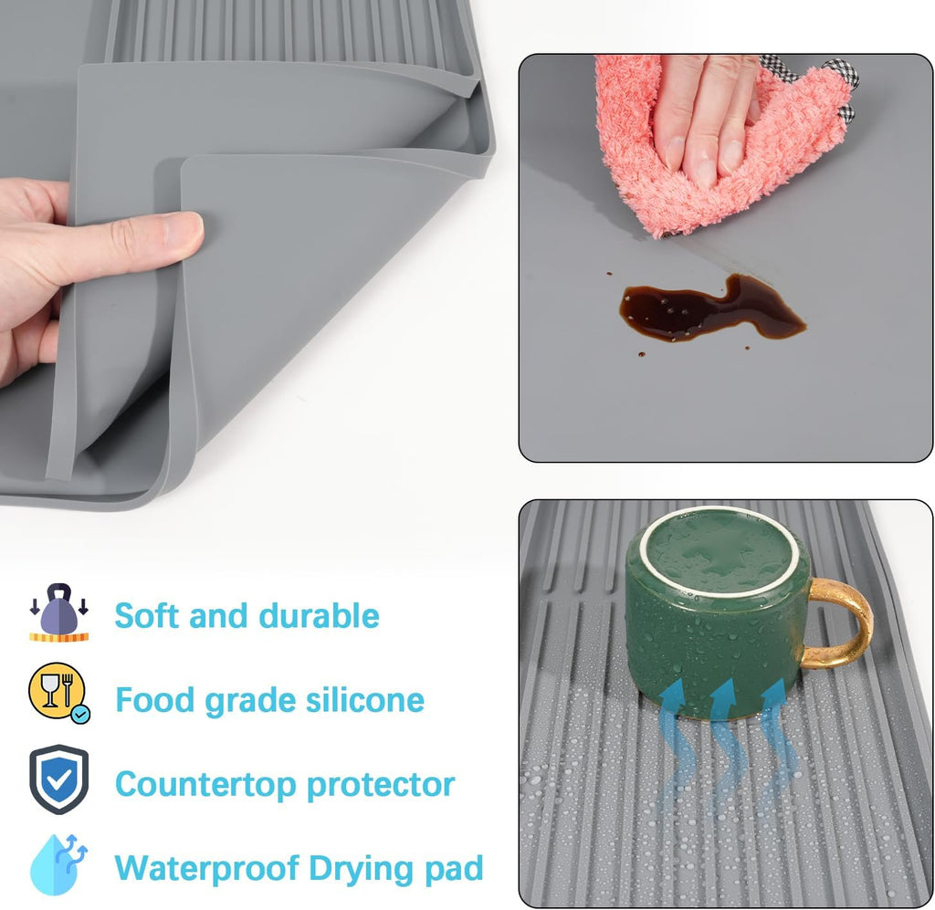 Golener Silicone Coffee Mat Set - 24" x 16" Coffee Bar Mat for Countertop, Kitchen Station Pad Accessories Fit Under Coffee Maker or Machine, Dish Drying Mat, Heat Resistant Kitchen Gadget, Grey