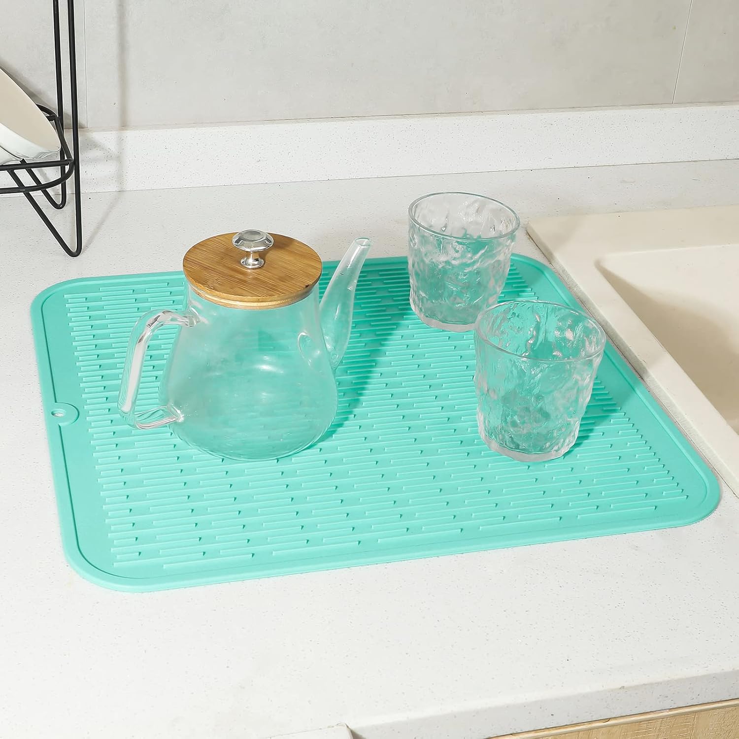 Silicone Dish Drying Mat for Multiple Usage,Easy clean,Eco-friendly,Heat-resistant Silicone Mat for Kitchen Counter or Sink,Refrigerator or Drawer Liner Mint 2XL 24 inches x 18 inches