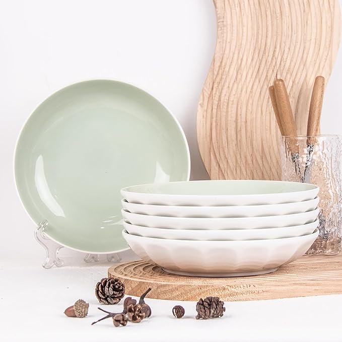Set of 6 Dinner Plates 8 Inch, Green Porcelain Plates, Microwave Oven Dishwasher Safe Scratch Resistant
