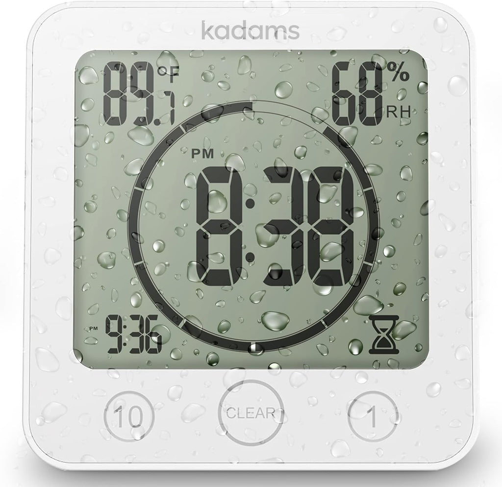 KADAMS Shower Clock Waterproof Bathroom Timer – Digital Wall Clock with Countdown, Magnetic Kitchen Clock with Temperature & Humidity, Suction Cup for Kids Shower Spa Sauna Cook Bath, White