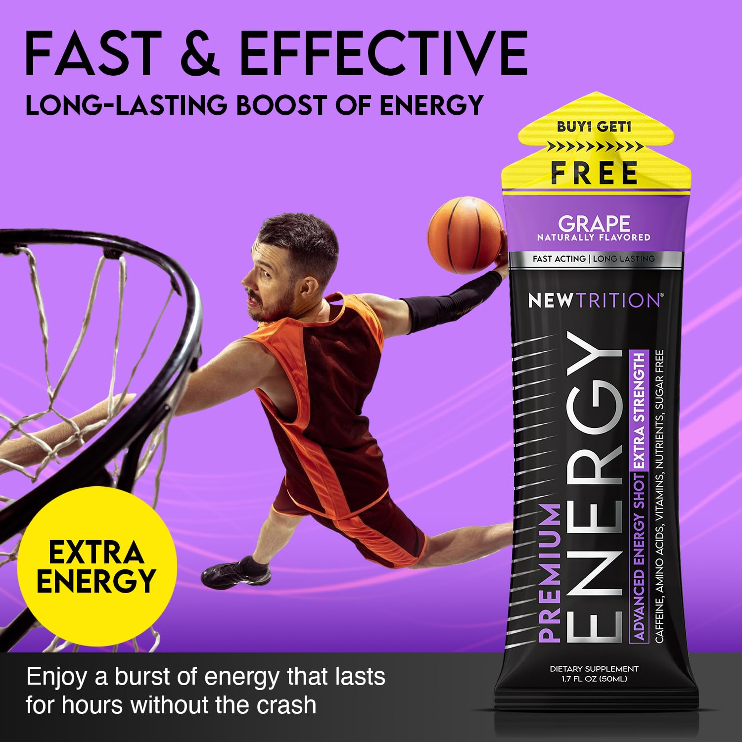 NewTrition® Extra Strength Energy Shots, 250mg Caffeine Energy Shots with Vitamin B & Amino Acids, Sugar-Free Vitamin Energy Shot, 1.7 fl oz (Pack of 12, Grape)
