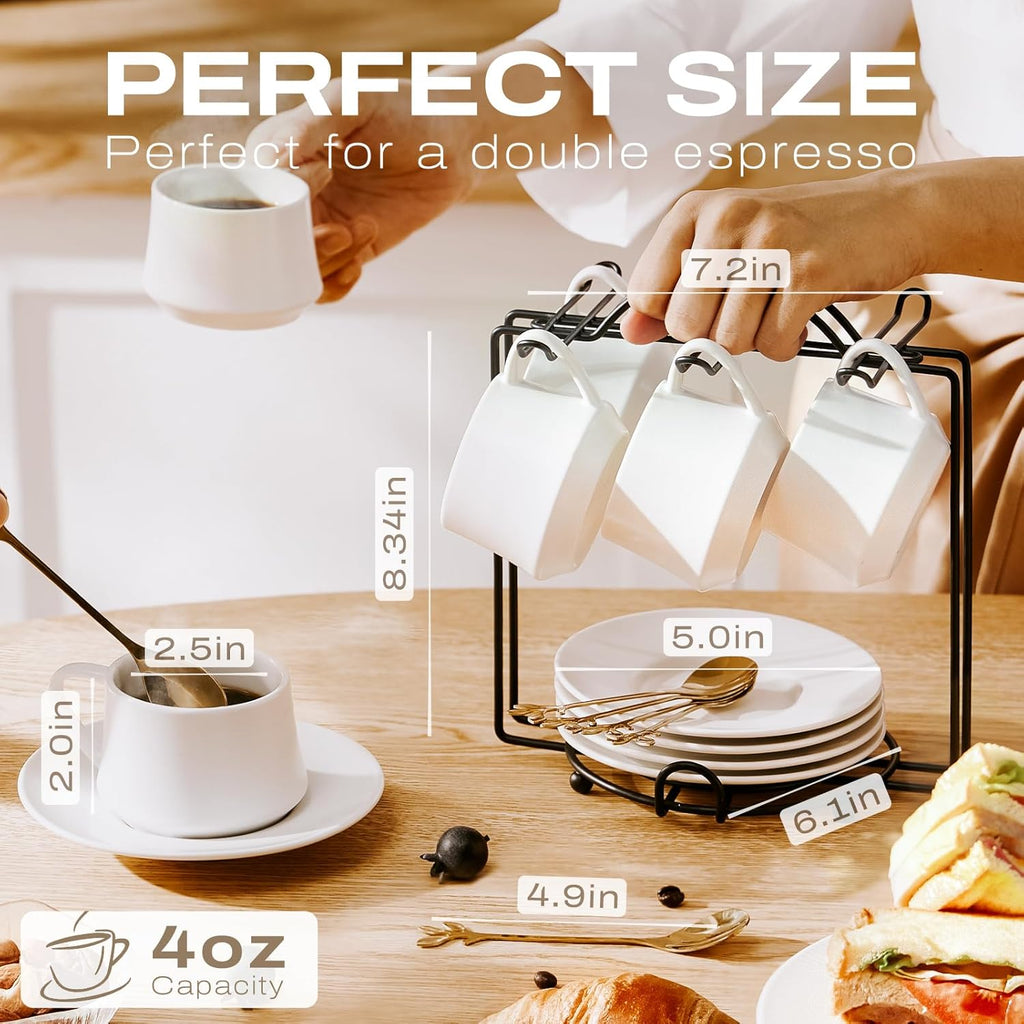 Lareina 3-Ounce Porcelain Espresso Cups Set of 6, Stackable Coffee Cups with Saucers, Spoons and Metal Stand, Ceramic Demitasse Mugs, Espresso Accessories for Machine, White