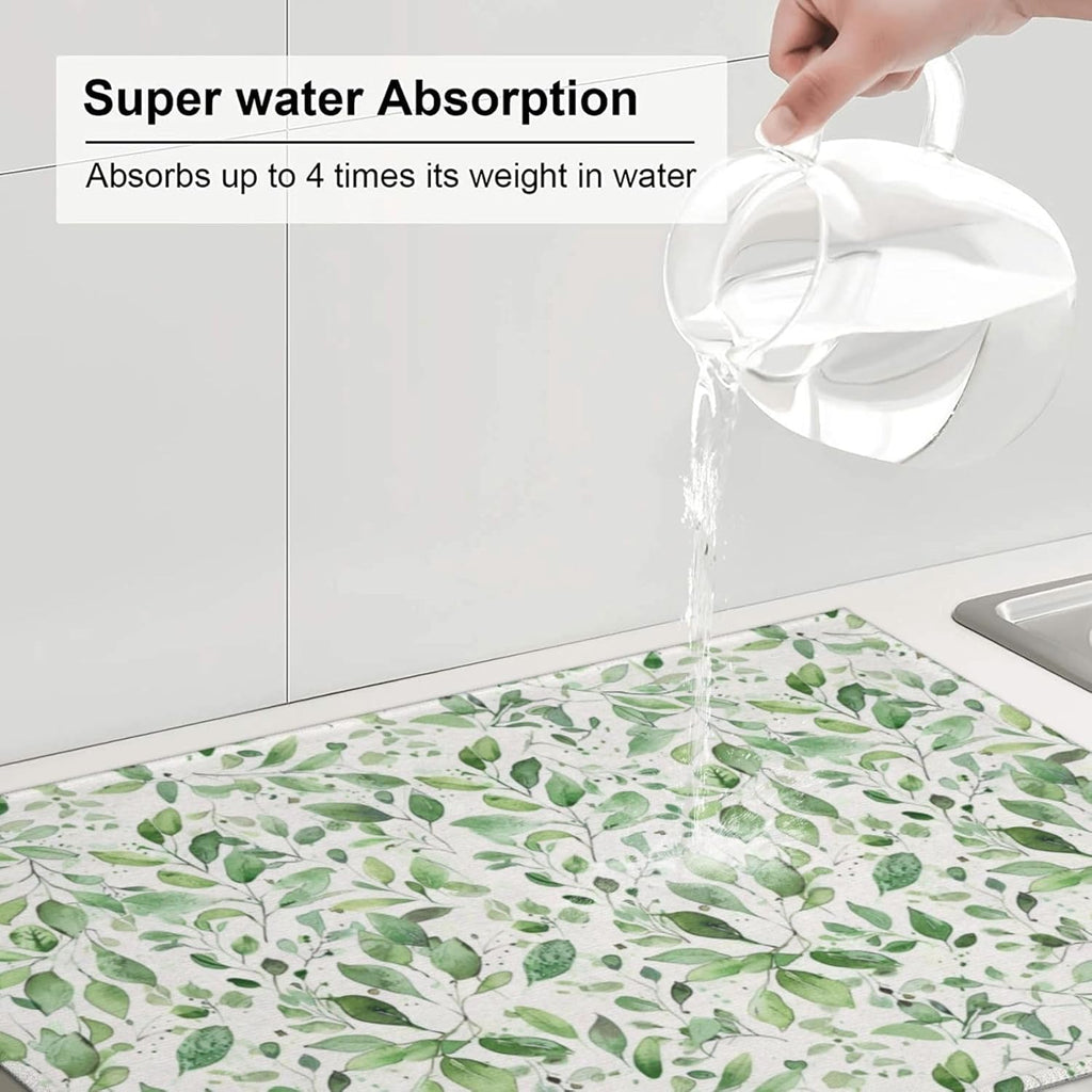Green Leaves Dish Drying Mat, Highly Absorbent Microfiber Kitchen Counter Pad Reusable Washable, 18*24"