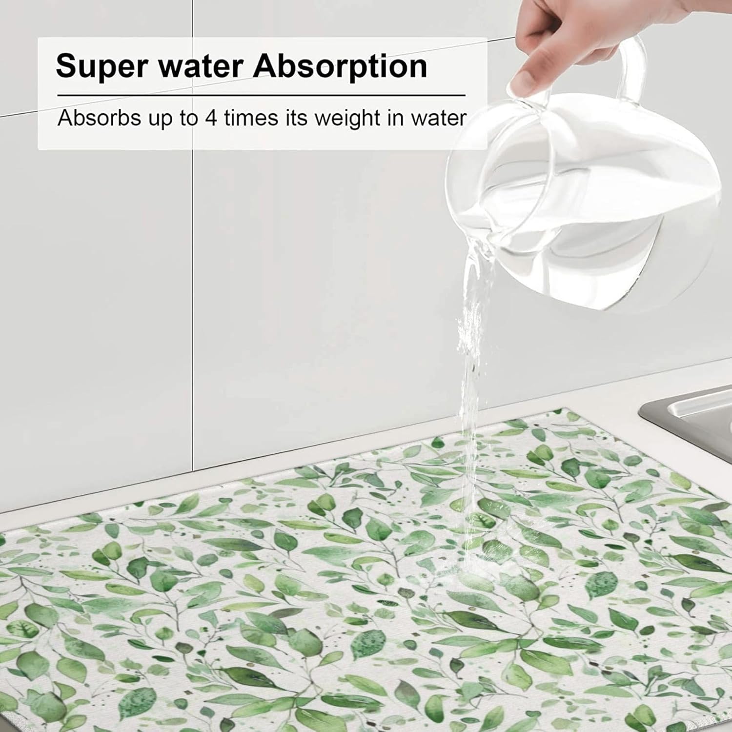 Green Leaves Dish Drying Mat, Highly Absorbent Microfiber Kitchen Counter Pad Reusable Washable, 18*24"