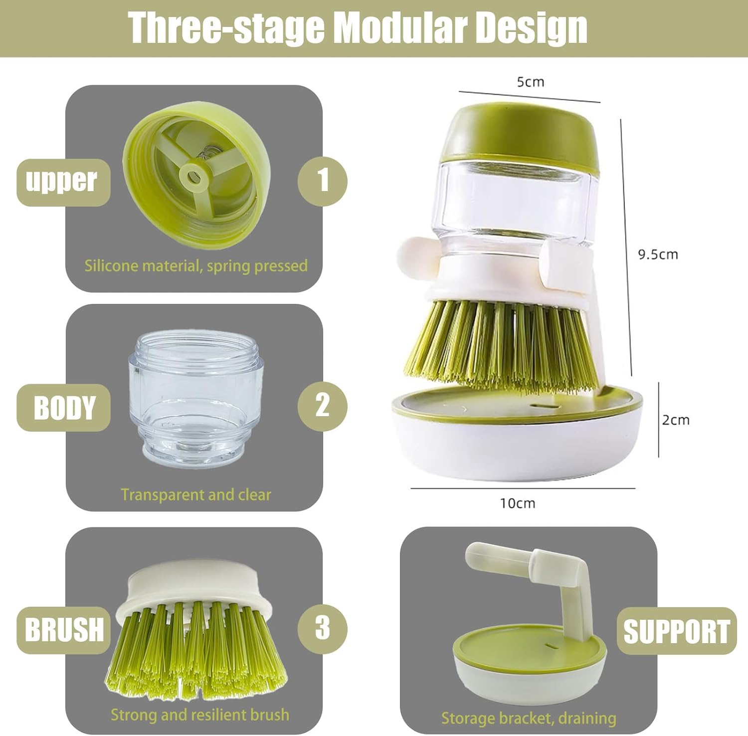 Soap Dispenser Dish Brush Palm Brush Scrub Brush Equipped with Storage Bracket and Drainage Base,Easy to Clean Kitchen Utensils and Sink, Includes a Replaceable Brush（Green）