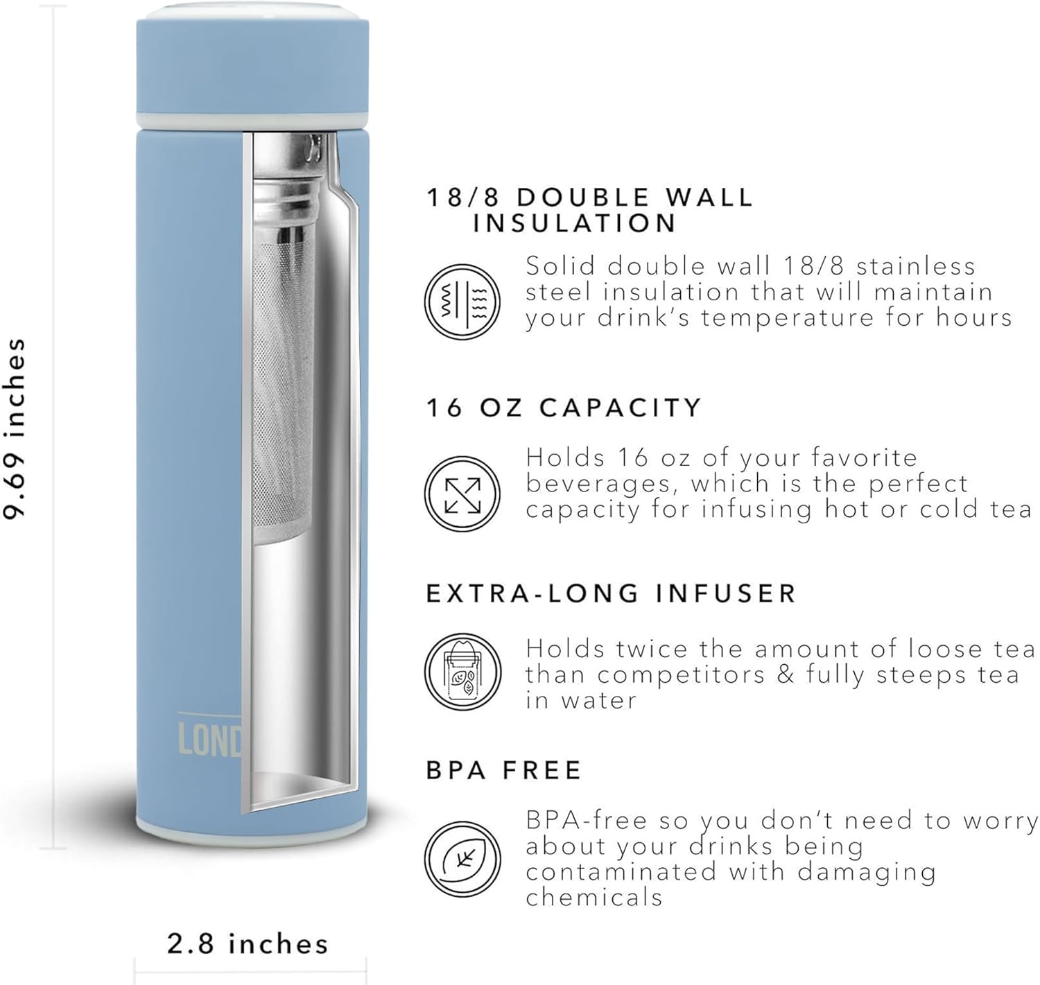 London Sip 16.9 oz Multi-Purpose Tea Infuser Mug – Fruit Infuser Water Bottle for Hot and Cold – Double Wall Stainless Steel Insulated, Blue Sunrise
