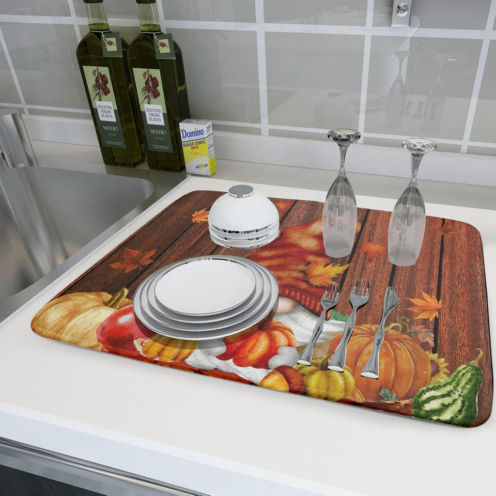 Fall Gnome Dish Drying Mat for Kitchen Counter,Autumn Pumpkin Maple Leaves Drying Mat 18 x 24 Inch Microfiber Dark Brown Wood Dish Drying Pad Dish Rack Drainer Mat Thanksgiving Day Decor
