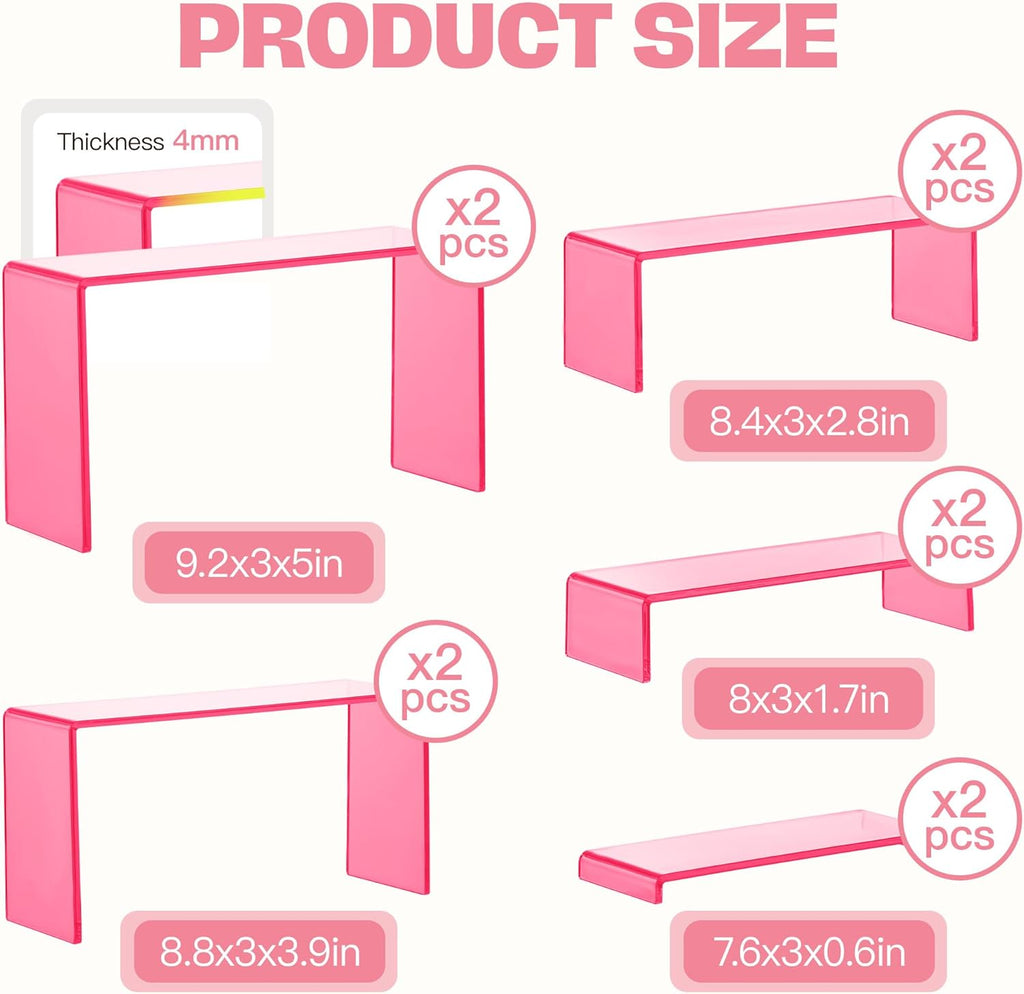 Goabroa Acrylic Display Risers, 2 Sets 10 Pcs Perfume Stand Organizer, Rectangular Riser Shelves for Figures, Cupcake, perfume display, Wine Glass and Handbag display，Transparent Pink